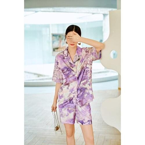 Blooming Print Women Purple Pajamas Sets 2PCS Faux Silk Loungewear Pyjamas Suit Shorts Sleepwear Summer Underwear Home Nightwear