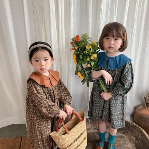 Fall/winter 2021 New Korean Girls Color Matching Floral Dress Childrens Lapel Long Sleeve Toddler Kids Dress Children Clothes