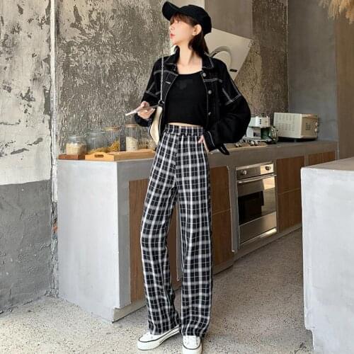 High Waist Straight Pant Summer Thin Plaid Loose Pants Women Casual Wear Jogger Pant Long Trousers
