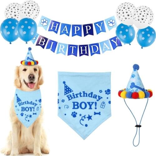 Super Soft Pet Happy Birthday Dog Saliva Towel Puppy Napkin Hat Set Bib Scarf Collar Hat Decorating Bandanas Balloon Set