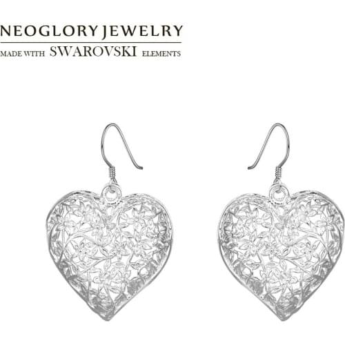 Neoglory Jewelry Silver Plated Big Charm Earrings Trendy Love Heart Vintage Hook Earring For Lady Bijoux New Hot Gifts