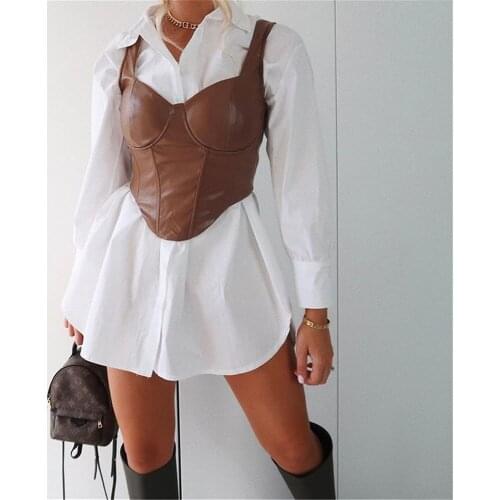 Women Sexy Fashion Casual Spring Autumn Sleeveless Solid Color V Neck Tank Tops Pullover Slim PU Leather Vest Tunic Black Brown