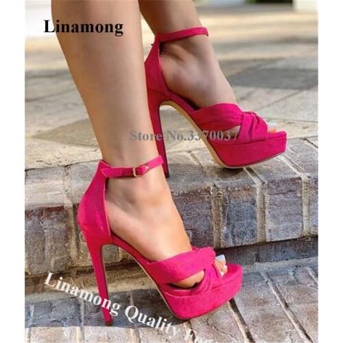 Linamong Women Elegant Open Toe Suede Leather Stiletto Heel Platform Sandals Rose Red Strap Cross High Heel Sandals Dress Heels