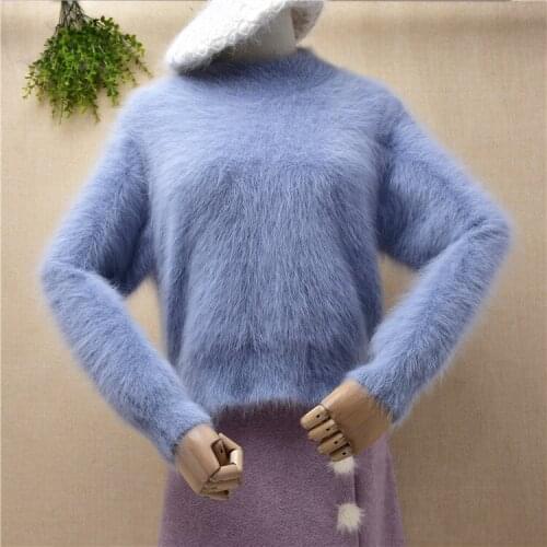 Ladies women fashion hairy plush mink cashmere knitted long sleeves short loose pullover angora fur crop top pullover sweater