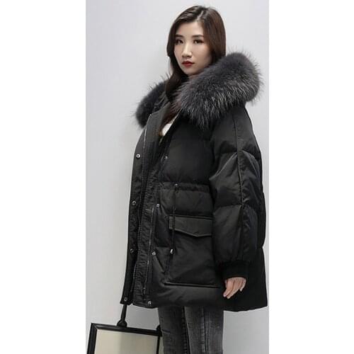 Big Real Raccoon Fur Fad Winter Coat Women Hooded Thick Warm Down Parka 90% White Duck Down Jacket Loose Snow Outwear Vogue