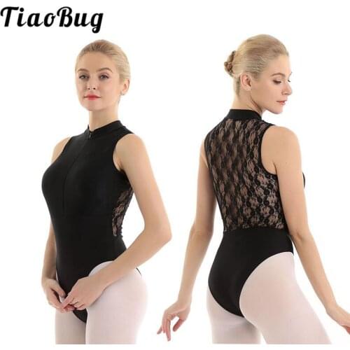 TiaoBug Women Adult High Neck Sleeveless Lace Splice Dancewear Ballet Gymnastics Leotard Sports Fitness Bodysuit Dance Costume