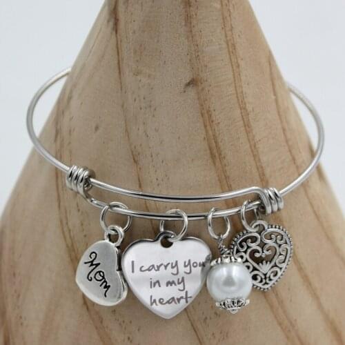 10PCS Stainless Steel Bangle I carry you in my heart Family MOM Memorial Bracelet Bangle Gift Mom Remembrance Bracelets