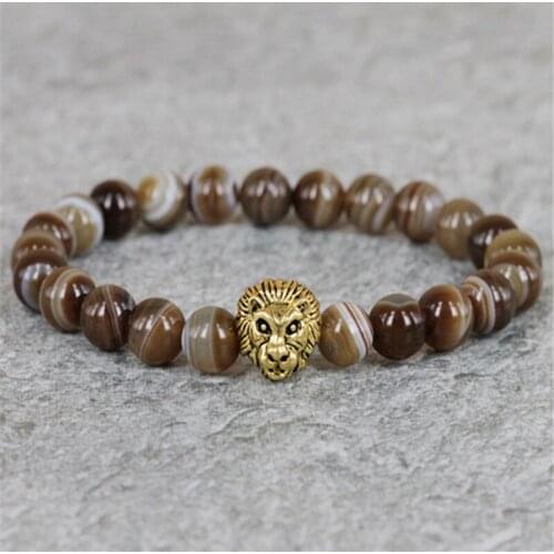 2015 Hot Sale Mens Beaded Lion Head Bracelets Retail 8mm Natural Coffee Strip Nature Stone Beads Bracelet for Mens Gift