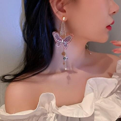 2021 New Arrival Korean Fashion Shining Zircon Dangle Earrings for Women Big Butterfly Piercing Earring Party Jewelry