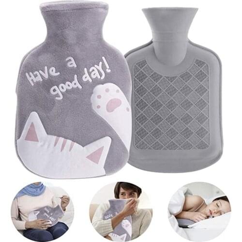 350ML Safe Hot Water Bottle Cat Soft Warm Winter Portable Reusable Protective with Plush Cover Washable Leak Proof Pain Relief