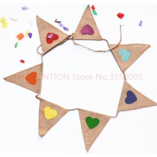 50pcs/lot 1.6M 7flags Wedding Vintage Banner Home Decor Hessian Fabric Bunting Burlap Cord Jute Rope Photobooth Love Heart Flag