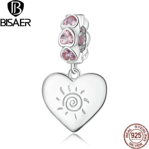 BISAER Camera Photograph Beads 925 Sterling Silver Shiny Zircon Blue Charms Fit DIY Women Bracelet Necklace Pendant