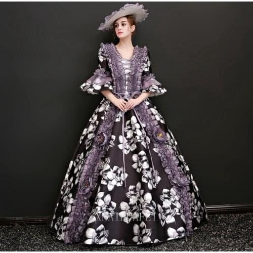 Long flare sleeve flower printing ruffled venice carnival queen ball gown medieval dress Renaissance Gown Victoria/Antoinette