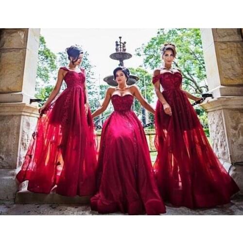 2020 Dark Red Lace Applique BeadA-Line Long Bridesmaid Dresses Arabic Sexy Evening Prom Dress Gowns Plus Size Party Gowns