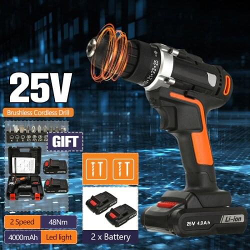 25V 4000mAh 2 Speed Dual Battery Power Drill Screwdriver Rechargeable Cordless Electric Drill 25+1 Torque Drilling Tool