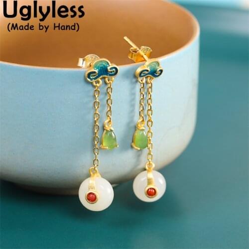 Uglyless Hollow Grilles Square Pendants for Women Natural Hetian Jade Peace Buttons Necklaces NO Chains 925 Silver Agate Jewelry