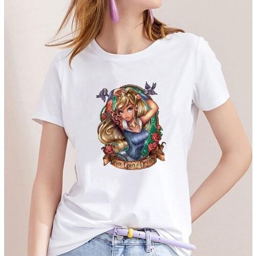 Harajuku Tshirt ONCE OPON A DREAM Disney Tattoo Princess Aurora Sleeping Beauty Graphic Funny T Shirt Women Cute Fashion T-shirt