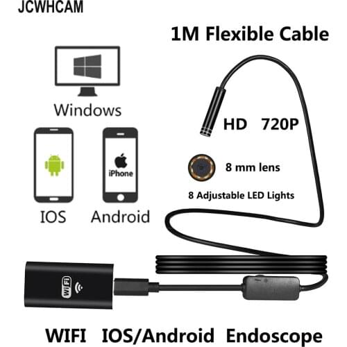 JCWHCAM 8mm Len 1M Soft WIFI Endoscope Camera HD 720P Flexible Snake USB Pipe Inspection Borescope Android Tablet PC Camera