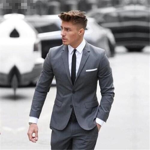Classic Grey Two Button Custom Made 2019 Mens Suits 2Pieces(Jacket+Pant+Tie) Business Mens Wedding Suits Slim Fit Tuxedo