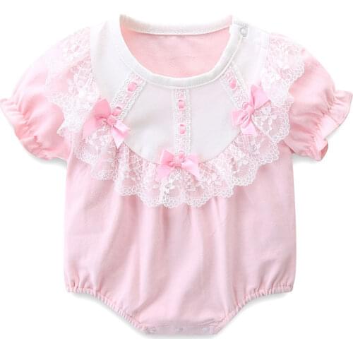 Summer Girls Bodysuits Cotton Baby Clothes Infant Clothing Newborn Short Sleeve Lace Jumpsuits with Bows 0-2Y