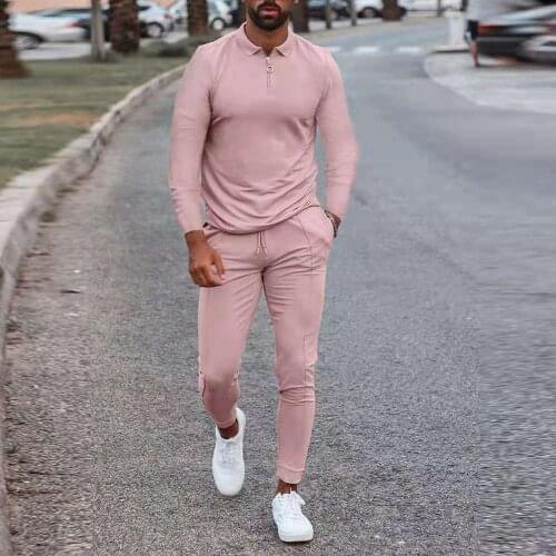 Mens Tracksuit Spring Autumn Clothes Sportswear 2 Piece Set Long Sleeve Polo Shirt+Pants Solid Sweatsuit Sports Suits For Male