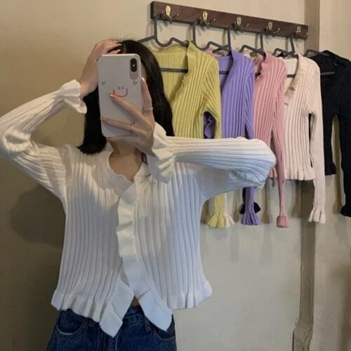 New 2021 Solid Autumn Style Cardigans V-neck Long Sleeve Sweater Women Korean Clothes Fashion Brand Knitted Ladies Crop Top