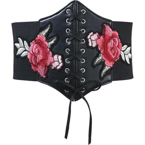 New Vintage Black Leather Cummerbunds Female Woman Belt Floral Elegant WomenS Belts Embroidery Stretchy Dress Decoration Lady