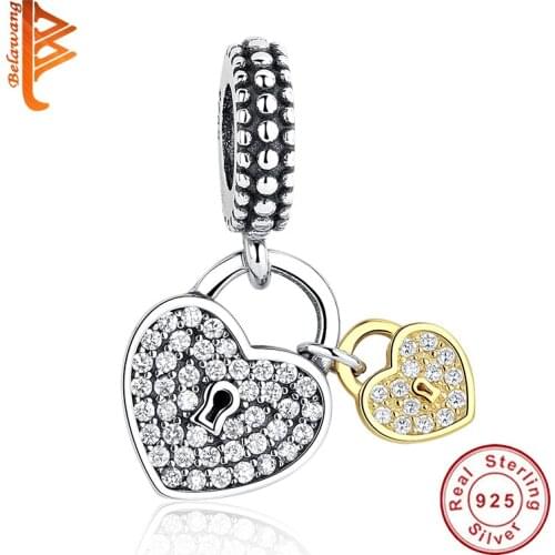 Wholesale 925 Sterling Silver Heart Lock Charm Heart to Heart Golden Bead Fit Original Bracelet With Clear CZ DIY Jewelry