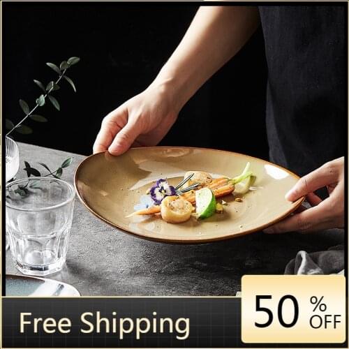 Oval Vintage Dinner Plates Flat Blue Ceramic Japanese Pasta Dish Plate Sushi Fruit Snack Decor Food Pratos De Jantar Home HX50DP