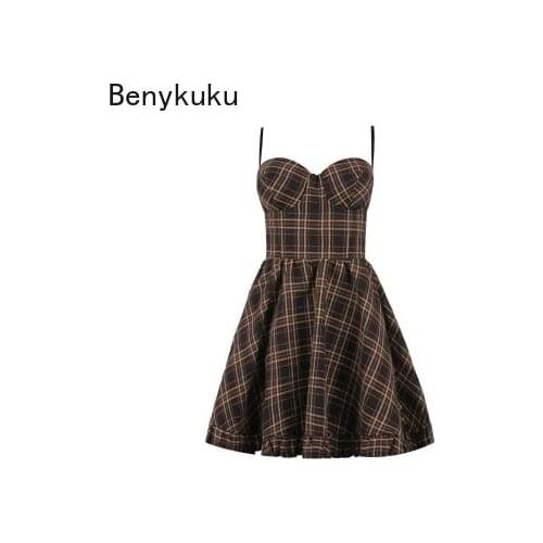 Sexy Backless Vacation Korean Annual Party Mini Dress Streetwear Vintage Ruffles Spaghetti Strap Female Retro Plaid Slip Dress