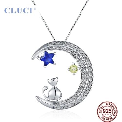 CLUCI Silver 925 Pendant Necklace Cat with Star Moon 925 Sterling Silver Zircon Necklace for Women Valentine Day Gift DP006SB