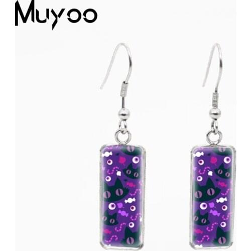 New Arrival Colorful Halloween Eyeballs Black Cat Pumpkin Ghost Witch Vampire Skull Pattern Rectangle Fish Hook Earrings