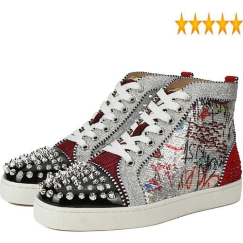 High-Top Men Lace Rivet Up Sequin Graffiti Flat Sneakers Luxury Printing Genuine Leather Casual Shoes Ankle Boots 36-46