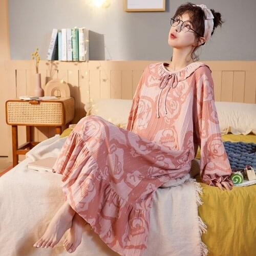Autumn Women Cotton Homedress Nightdress Long sleeve Nightgowns One-piece Dress Sleepwear Large Size Loose Fashion Home Clothing