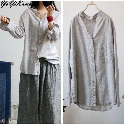 Ladies Tops Big Size Cotton Linen Women Shirt 2018 New Autumn Spring Long Sleeve Solid Color Thin Loose Womens Tops and Blouses