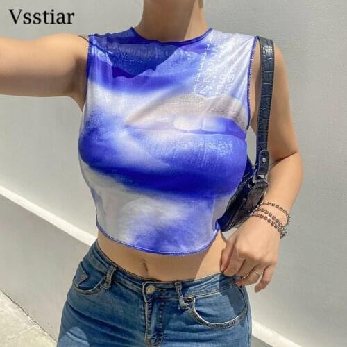 Vsstiar O Neck Sexy Crop Top 2021 Summer Y2K Sleeveless Blue Abstract T-Shirt Streetwear Tie Dye Casual Tank Tops Women