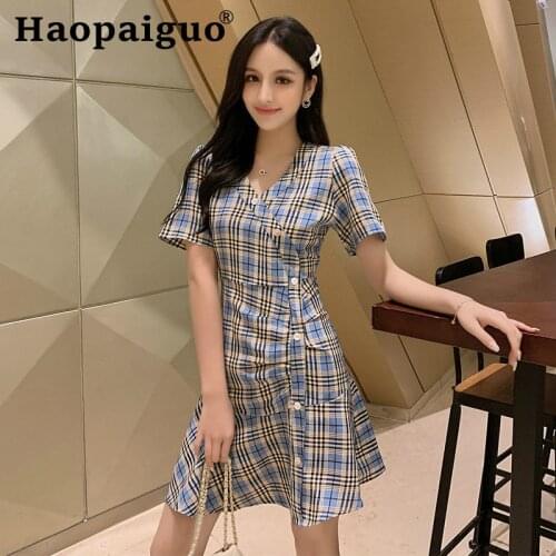 2019 Summer Print Plaid Dress Women Korean Style Ruffles Mini Dress Women A-Line Casual Elegant Dress Women with Singer Button