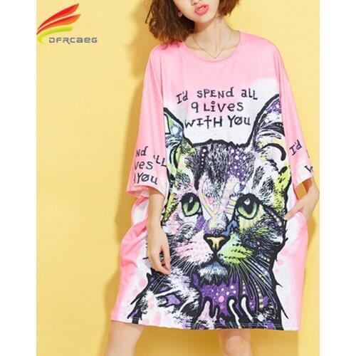 Loose Oversized T Shirt Dress Women 2020 Half Sleeve Plus Size Clothing Cat Print Pink Cartoon Dresses Casual Vestidos Mujer