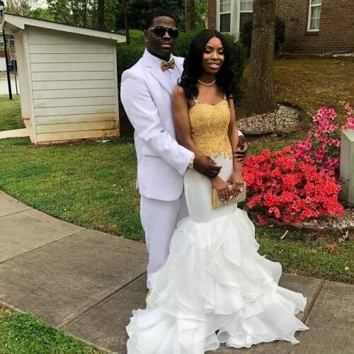 African Black Girl Mermaid Wedding Dresses New Gold Lace Spaghetti Straps Ruffle Layers Long White Wedding Dresses Bridal Gowns