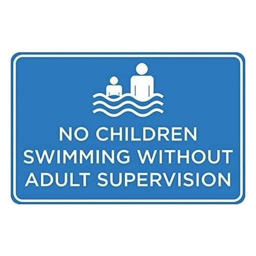 Tin Sign - No Children Swimming Without Adult Supervision Print Blue White Picture Symbol Notice Pool Rules Sign 8x12 inch