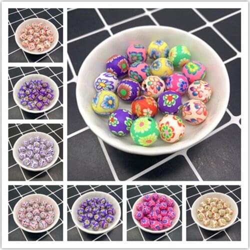 10pcs 12mm Polymer Clay Flower Pattern Printing Beads Round Loose Beads DIY for Make Jewelry Accessories