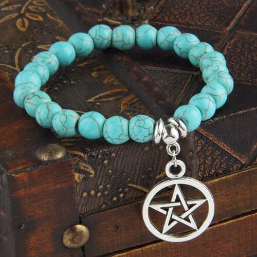 12PC/Lot Charm Star Pentagram Bracelet Natural Stone Blue Beads Bangles For Women Men Family BFF Friends Jewelry Gift Wristband