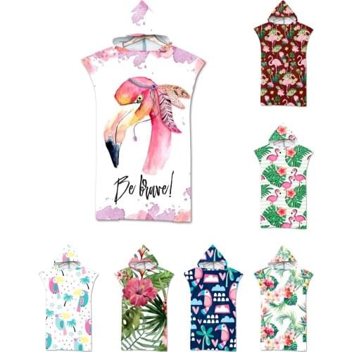 Free shipping Tropical Flower Plant Monstera Leaves Flamingo Toucan Bird Pattern Poncho Hooded Towel Pool Bath Beach Towel