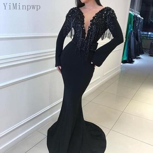 YiMinpwp Black Mermaid Evening Dresses V Neck Long Sleeve Sweep Train Tassel Beads Formal Women Prom Party Gowns vestidos