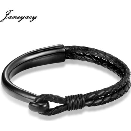 Janeyacy Mens Bracelets Stainless Steel Leather Bracelets & Bangles 20.50mm Double layer Men Jewelry 2018 New Gift for Him