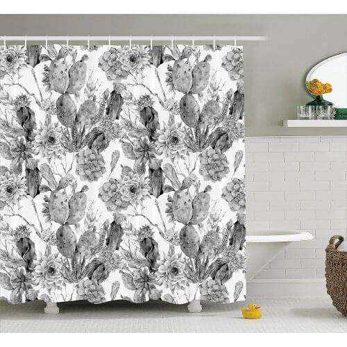 Cactus Shower Curtain Boho Style Monochrome Cactus Flowers Feathers Exotic Botanical Vintage Waterproof Curtains Home Decor