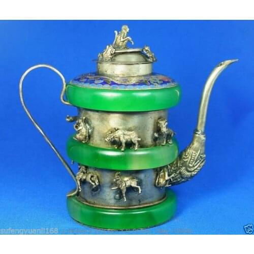 Chinese Handwork Silver Jade Monkey Teapot
