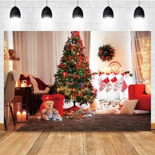 Laeacco Christmas Tree Fireplace Socks Bear Rug Gift Birthday Portrait Photo Photography Background Backdrop For Photo Studio