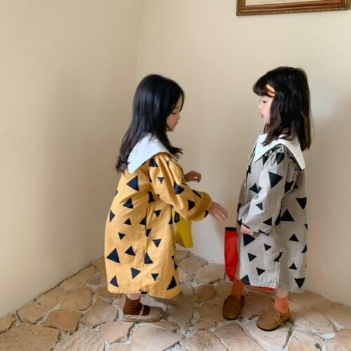 Fashion puff sleeve Triangular pringting sailor collar dress for girls Autumn long style loose casual dresses