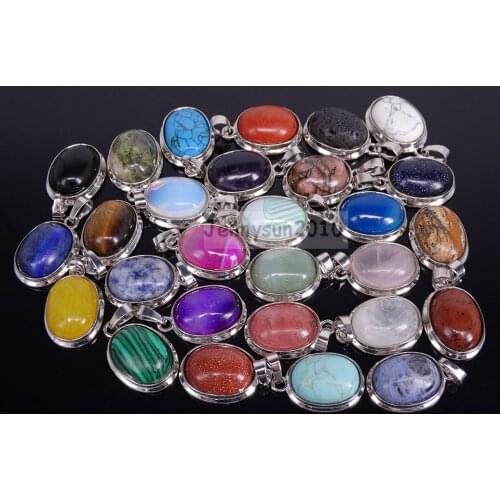 Natural Gems Stone Crystal Oval Reiki Chakra Pendant Charms Silver Plated 10Pcs/Pack